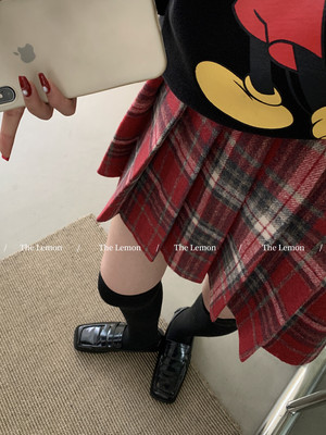 美式红格子百褶裙毛呢学生jk半裙
