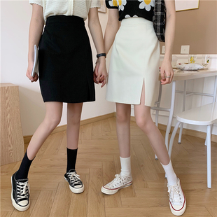 杏色半身裙女牛仔裙显瘦开叉高腰夏胖mm不规则a字包臀中长裙百搭