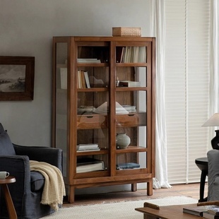 物宅 印尼柚木柜复古酒柜中古风书柜全实木玻璃储物柜客厅展示柜