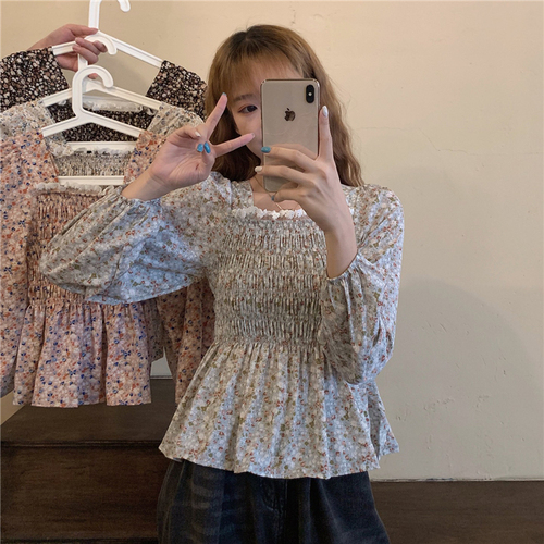 Real price real shooting early autumn lace square neck bubble sleeve broken Flower Chiffon shirt women's sweet long sleeve top