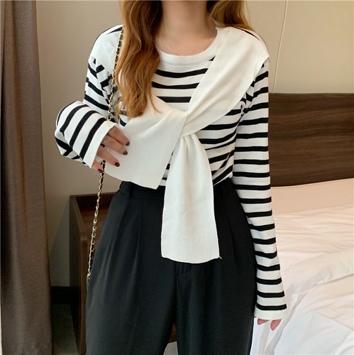 Real price autumn Pullover shawl stripe long sleeve sweater ice silk T-shirt versatile top