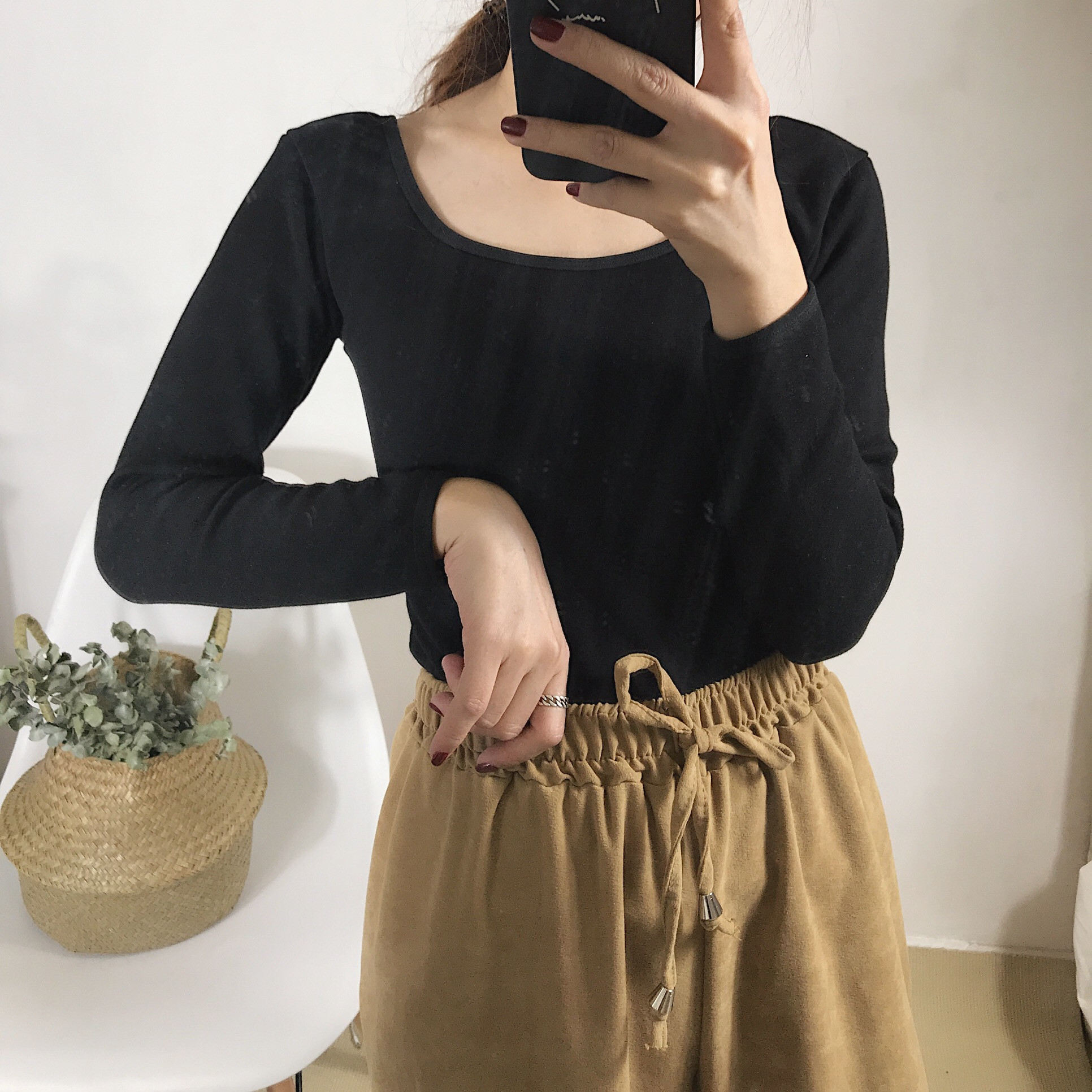 Real price real shot Korean version U-neck bottom coat Long Sleeve warm Plush top bottom coat