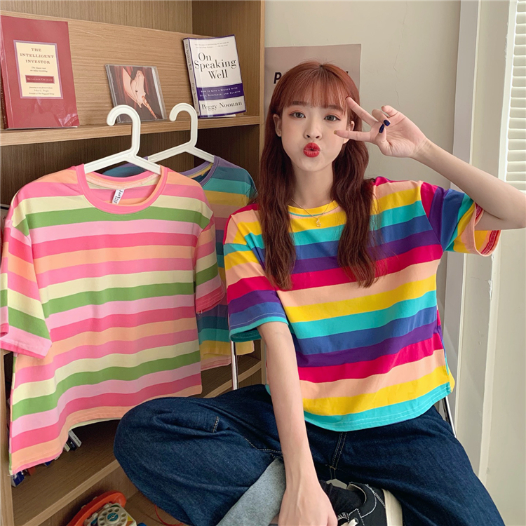 Real price new Rainbow Stripe T-shirt summer baggy Yalu navel short sleeve top