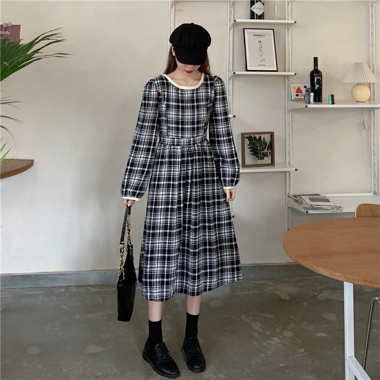 Real price real shot Vintage French classic Plaid long sleeve heavy woolen round neck dress