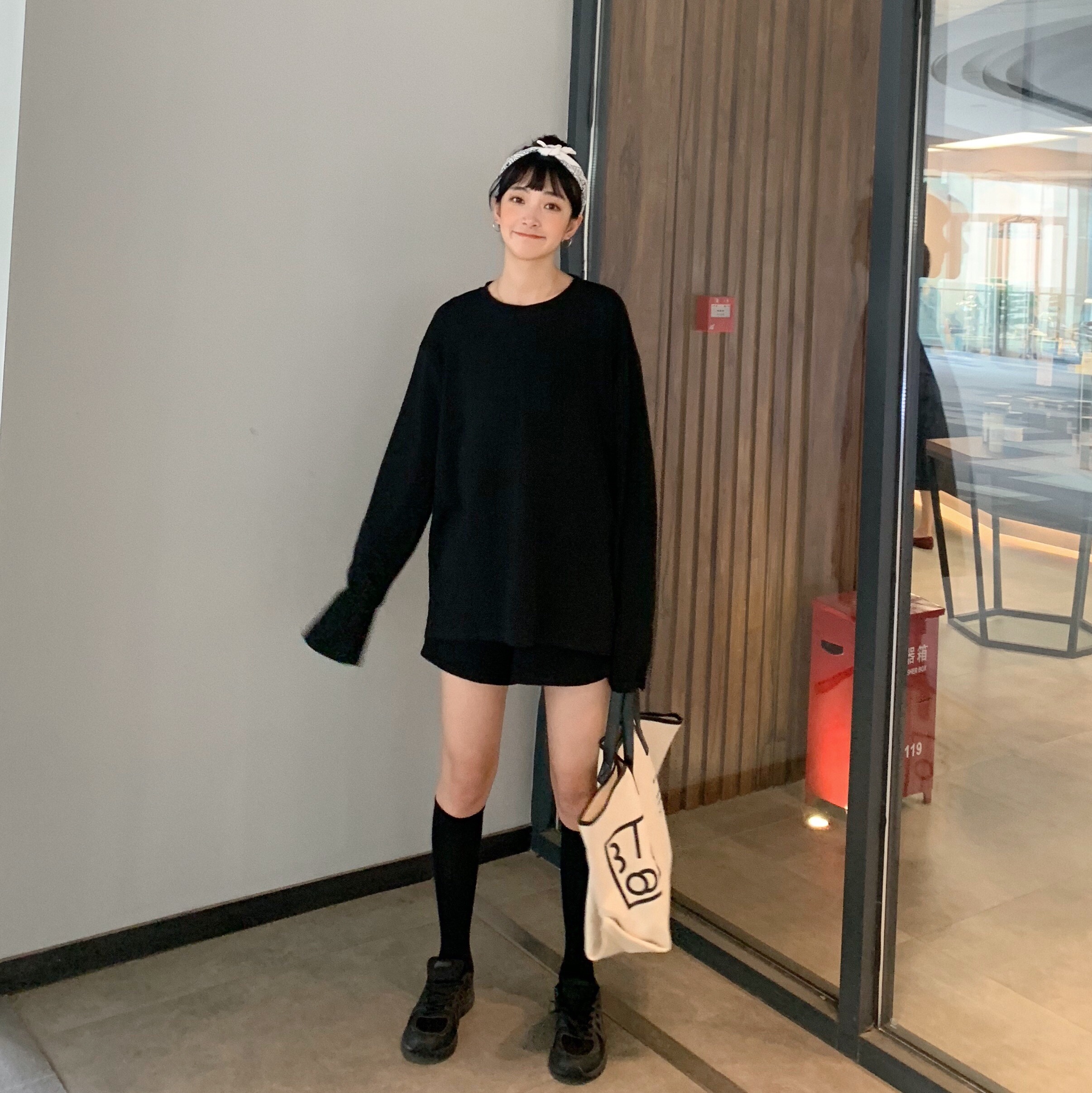 Real price real shooting autumn versatile loose Pullover long sleeve T-shirt women's round neck solid color top