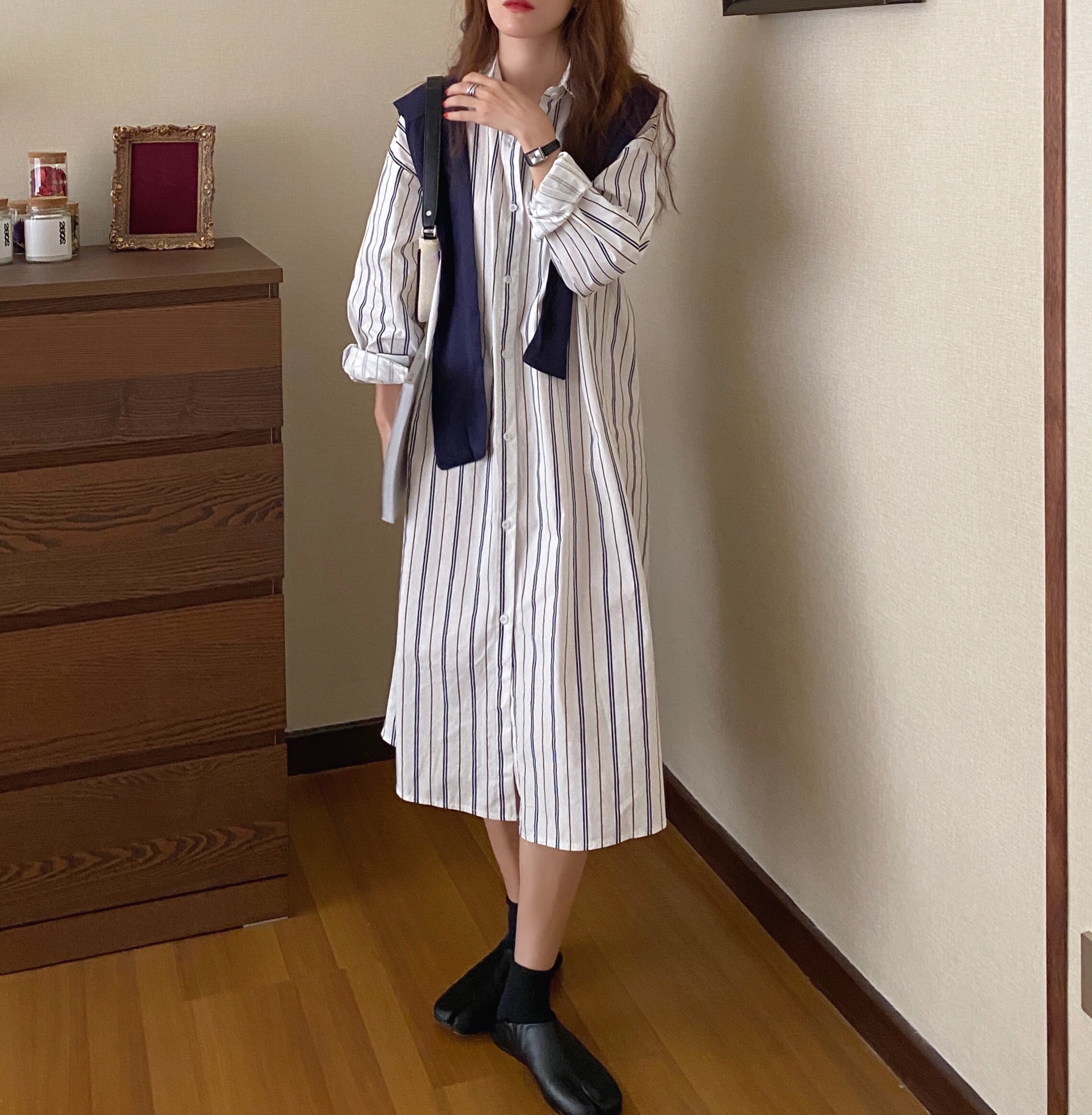 Real price, real shot, lazy style, knee length sleeve striped shirt dress with shawl