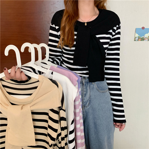 Real price autumn Pullover shawl stripe long sleeve sweater ice silk T-shirt versatile top