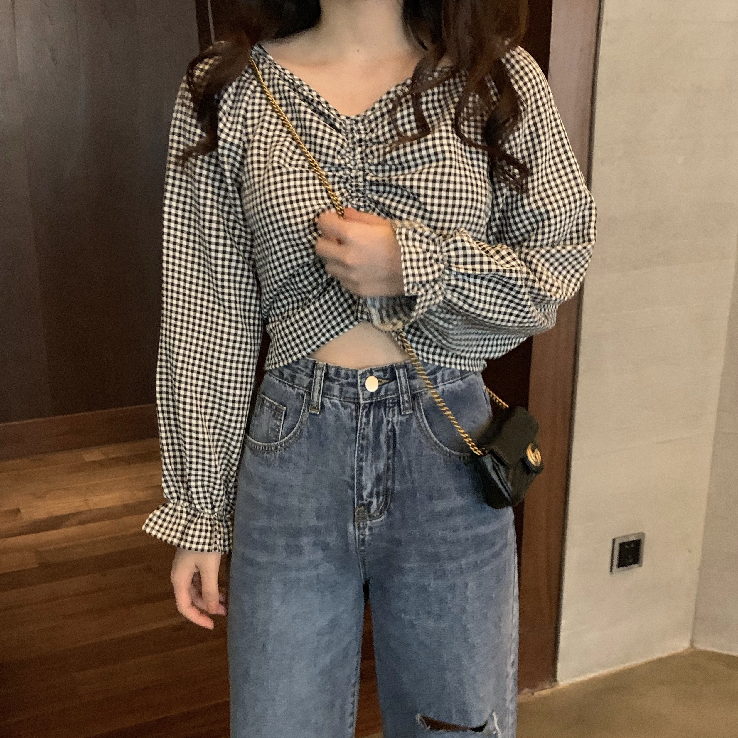 Korean version sweet loose Bubble Sleeve Plaid collar baby shirt