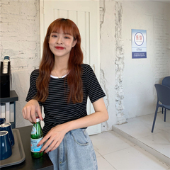 Real price new striped t-shirt female Xia Hanxian thin round neck versatile short sleeve blouse