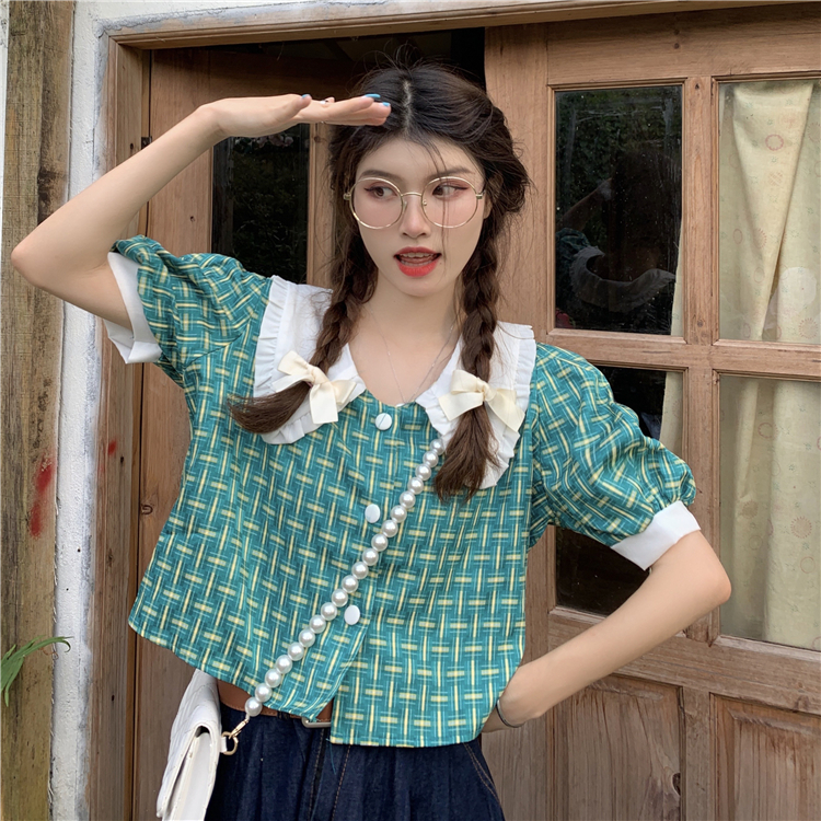 Real price real shot check color contrast doll Lapel sweet show thin age reducing bubble sleeve short top female