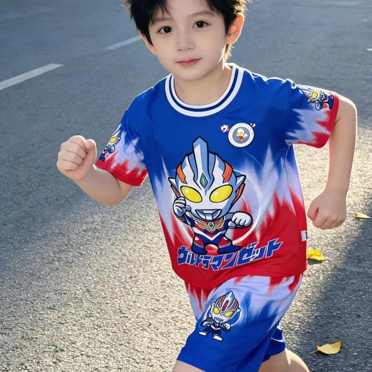 男童潮帅气时髦短袖套装奥特曼衣服速干t恤痞帅风夏季亮灯篮球服