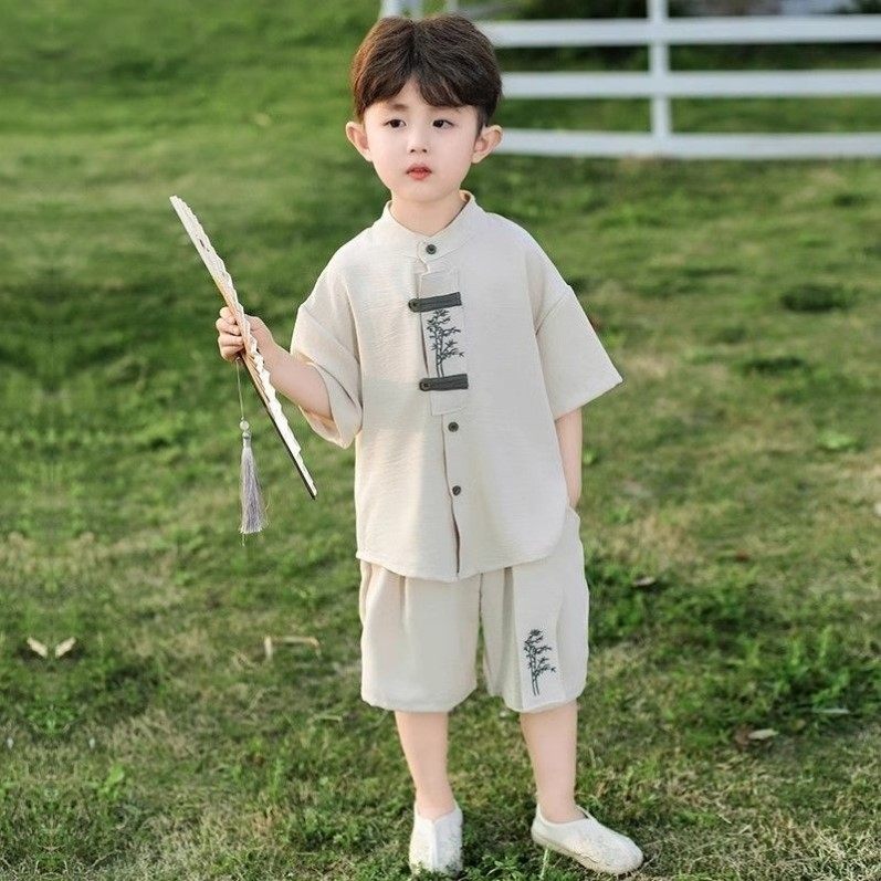 男孩套装夏儿童2025新款潮帅气汉服中式国风短袖唐装帅气宝宝棉麻