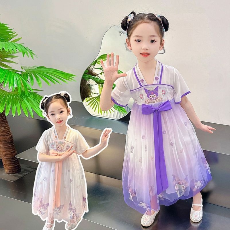 女童裙子夏薄款2025新款库洛米短袖公主裙3-6岁复古卡通动漫纱裙