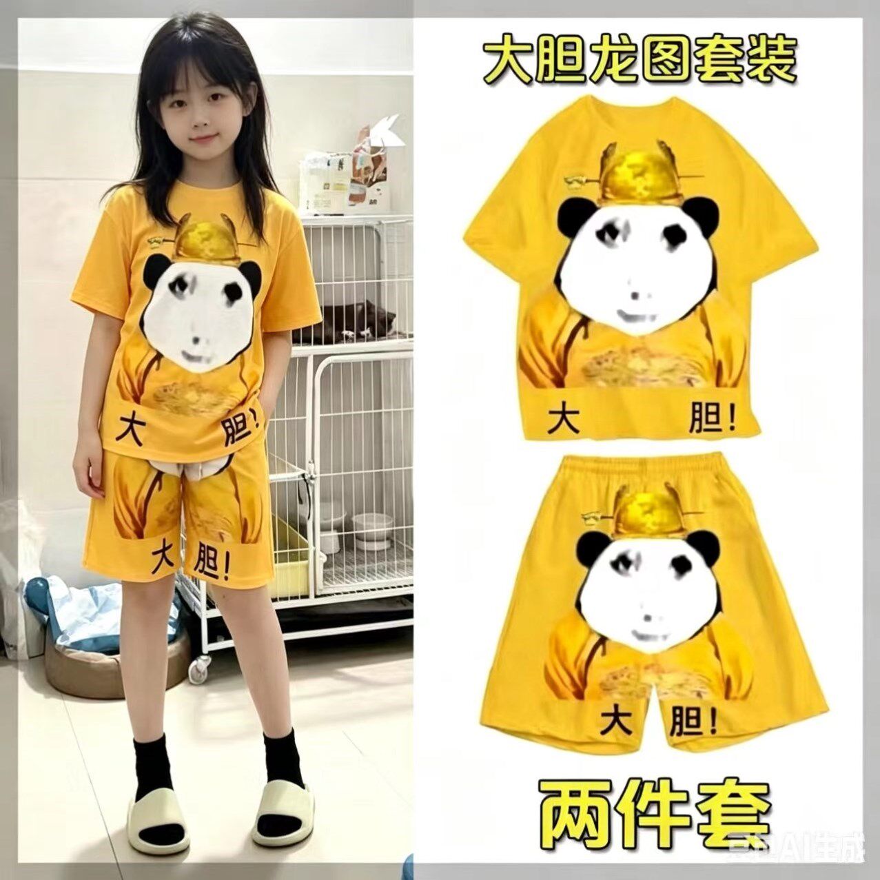 大胆龙图儿童夏季短袖纯棉龙袍大码亲子家居服抽象套装可爱中大童