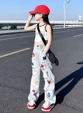 字母牛仔裤2024秋季新款1215岁破洞高腰直筒刺绣宽松女童裤子