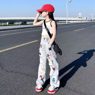 字母牛仔裤长裤宽松女童裤子