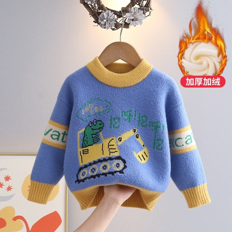 儿童毛衣加绒加厚一体绒男童卡通挖机秋冬宝宝保暖针织帅气打底衫