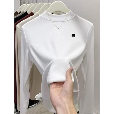 深圳南油2026早春韩系半高领方块脸印花长袖t恤磨毛打底显瘦上衣