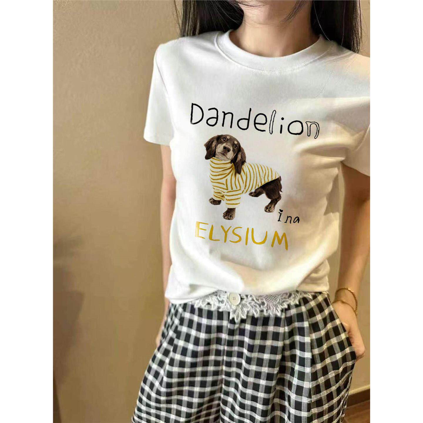 深圳南油趣味腊肠狗印花T恤女夏修身显瘦百搭元气风圆领短袖上衣