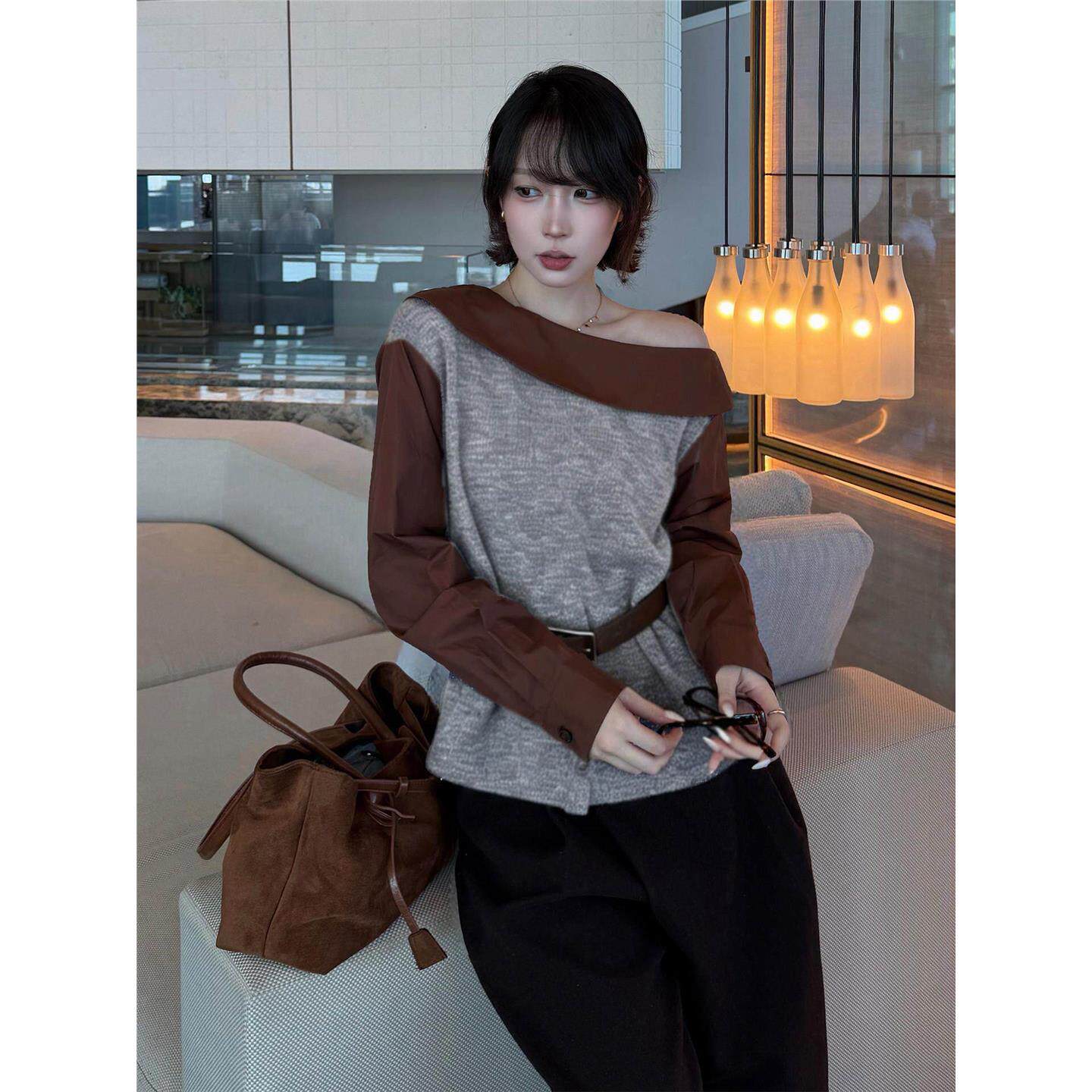 Qian.J深圳南油2026秋冬假两件拼色衬衫袖上衣斜领收腰显瘦衬衣女