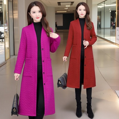中长款加绒秋冬风衣女加厚大码休闲开衫显瘦中老年妈妈外套纯色