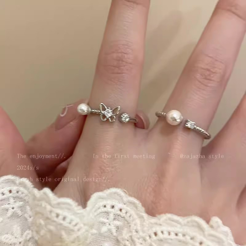 螺纹珍珠戒指经典款女时尚百搭日韩简约大气扭纹麻花锆石食指指环