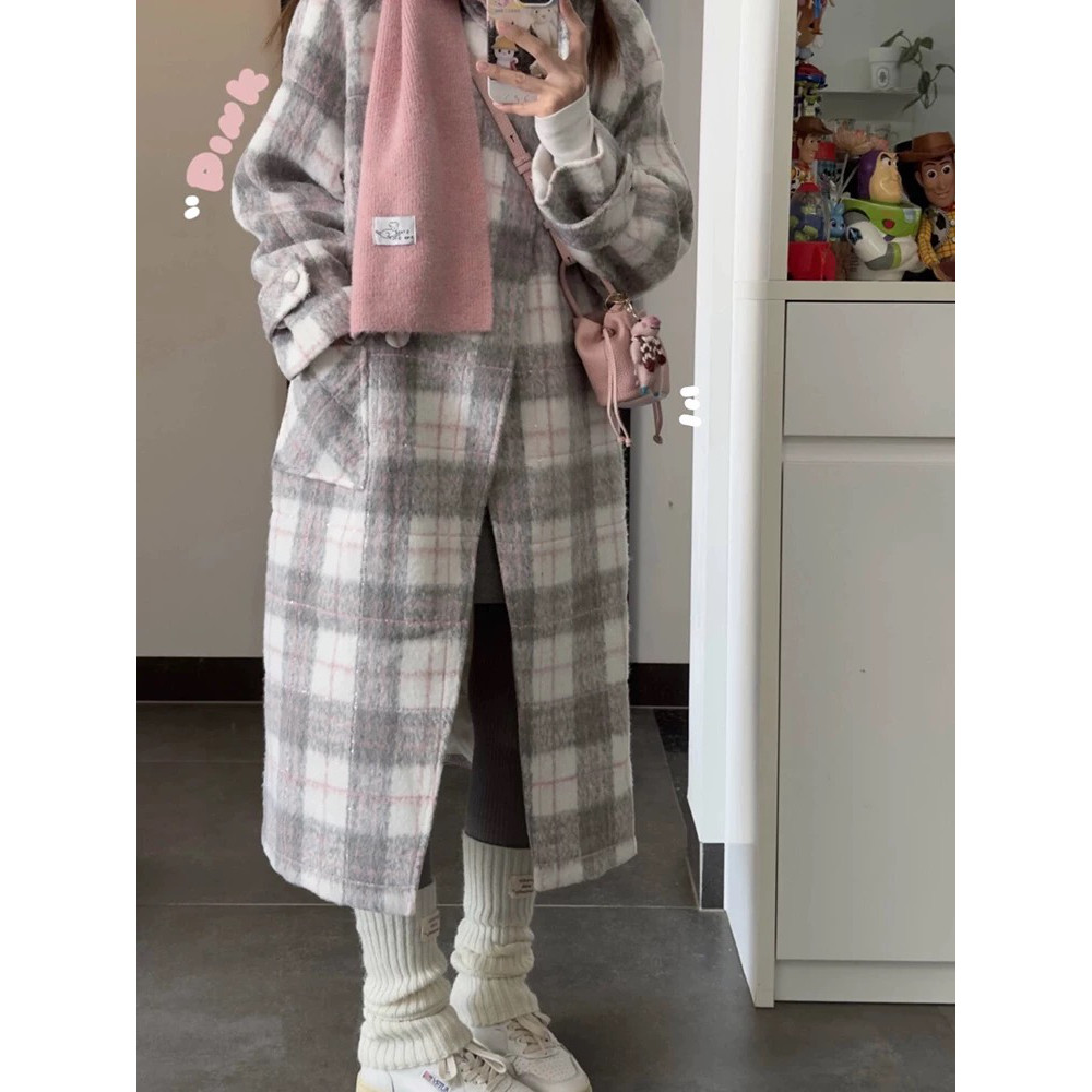 韩系灰粉格纹毛呢大衣女冬季保暖