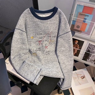 2026年春秋卡通刺绣撞色圆领上衣新竹节棉绒抓毛长袖 女 t恤打底衫