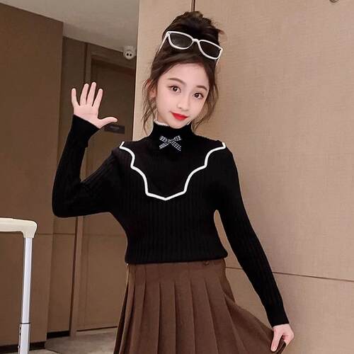 女童针织加绒冬季高领毛衣