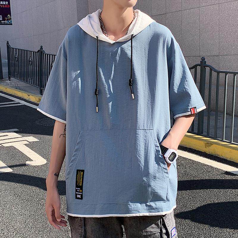 假两件短袖卫衣男夏季连帽蓝色高级感炸街男装vintage7七分袖t恤