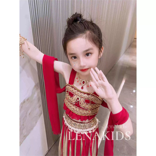 儿童敦煌飞天汉服女童异域风情西域公主乐鼓印度肚皮舞蹈服演出服