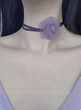 超仙网纱丝带紫色花朵女脖子饰品