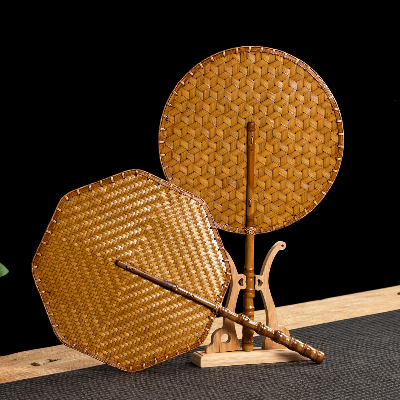 手工竹编大漆扇子中式复古国风汉服团扇罗汉竹柄夏季纳凉圆形蒲扇