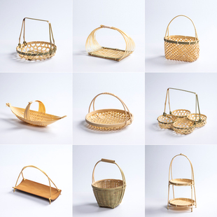 竹编小提篮圆形提手茶点水果篮子|糕点托盘创意小竹篮|多层竹编篮