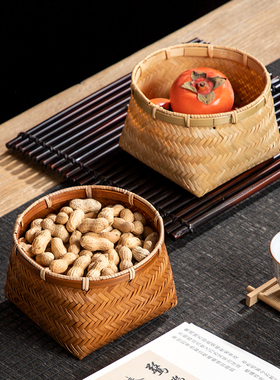 天然手工竹编小篓子方底圆口竹篮子零食点心收纳筐家用复古小篮子