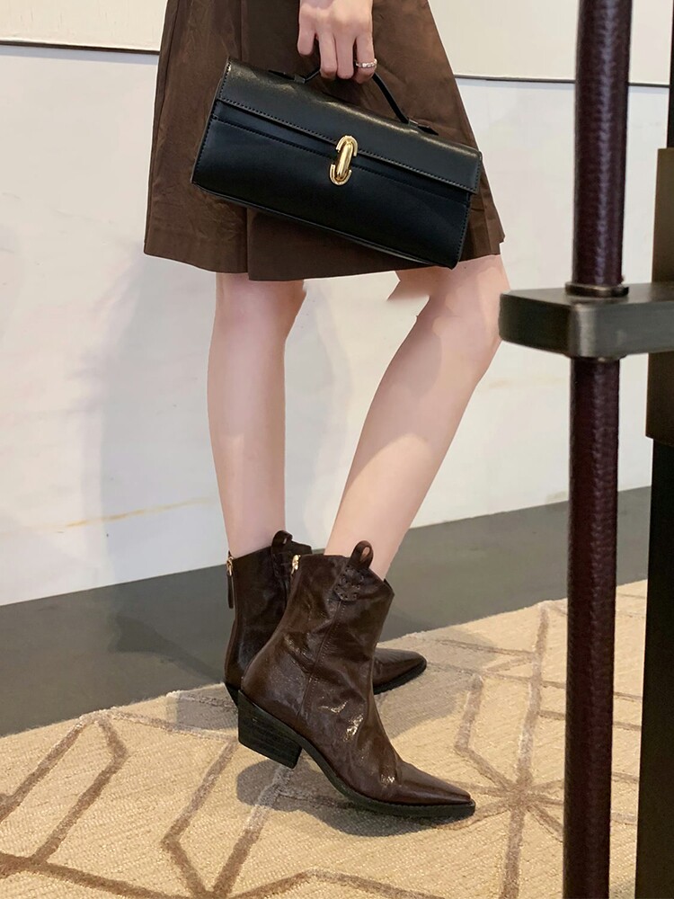 SHEEPSKIN VERSION LEATHER RETRO POINTED TOE V-MOUTH BOOTIES 2023 AUTUMN AND WINTER NEW BLOCK HEEL SLIMMING BACK ZIPPER WESTERN BOOTS