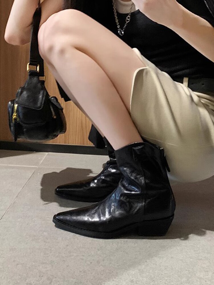 SHEEPSKIN VERSION LEATHER RETRO POINTED TOE V-MOUTH BOOTIES 2023 AUTUMN AND WINTER NEW BLOCK HEEL SLIMMING BACK ZIPPER WESTERN BOOTS