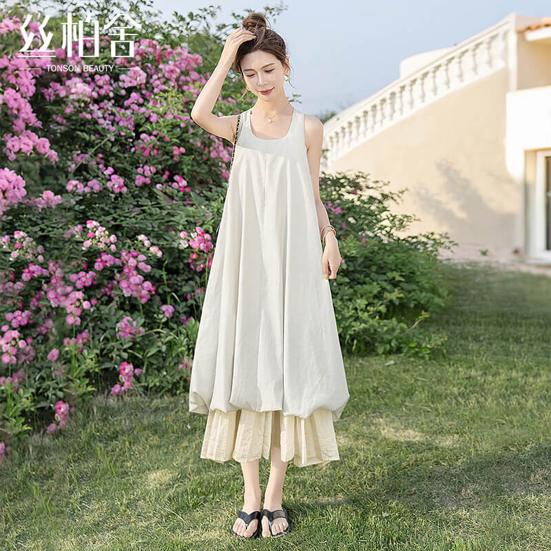 丝柏舍度假风宽松腰无袖连衣裙图片