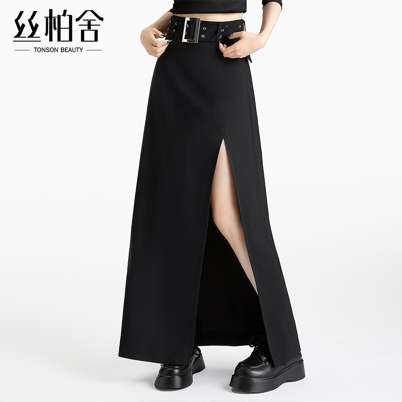 丝柏舍高腰半身裙2025春装新款女装时尚设计感开叉垂感显瘦长裙