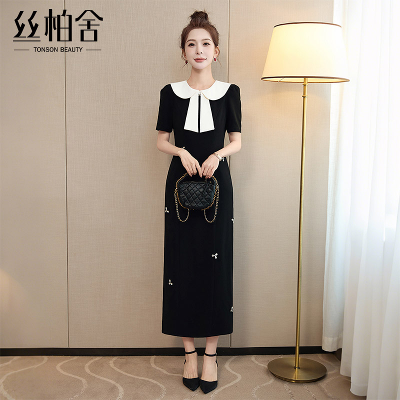 丝柏舍短袖连衣裙2026夏季新款女装时尚修身显瘦后开叉撞色中长裙
