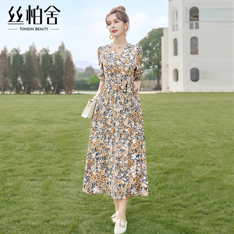 丝柏舍碎花连衣裙2025春装新款女装时尚气质收腰长袖V领中长裙