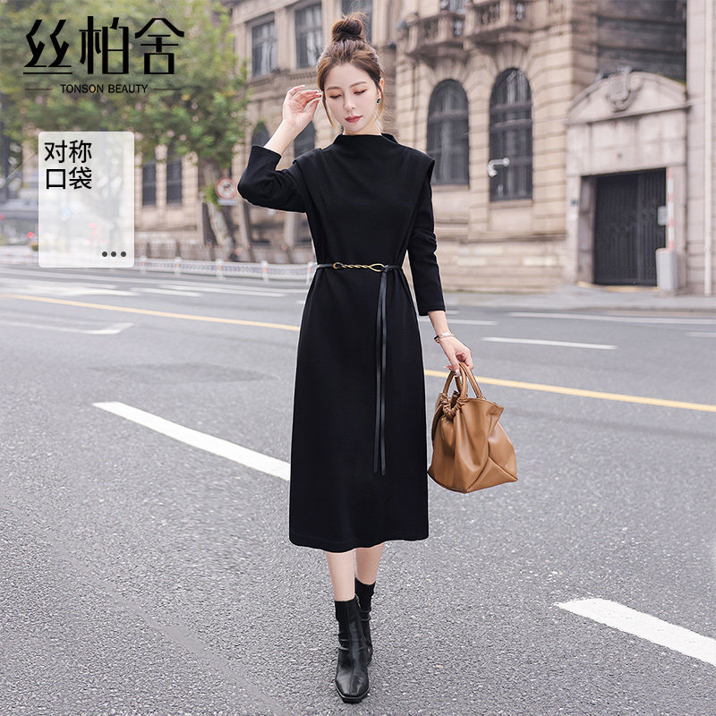 丝柏舍气质连衣裙2025秋季新款女装时尚开叉长袖立领显瘦中长裙
