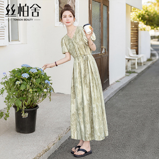 新款 宽松款 丝柏舍V领连衣裙2025夏装 长款 飘逸裙 套头大摆大码 女装