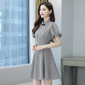 RM19816#新款旗袍改良版碎花裙女装夏季名媛复古泡泡袖收腰时尚连衣裙