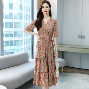 RM19815#夏季新款韩版气质ins风褶皱蛋糕裙桔梗v领碎花雪纺连衣裙女
