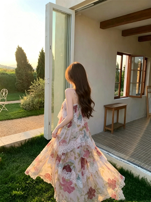 ICELOLLY艺术生明媚穿搭碎花蕾丝吊带连衣裙女初夏绝美蛋糕长裙子