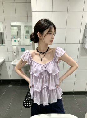 韩版小心机系带雪纺衫女法式甜美荷叶边仙女短款衬衫上衣