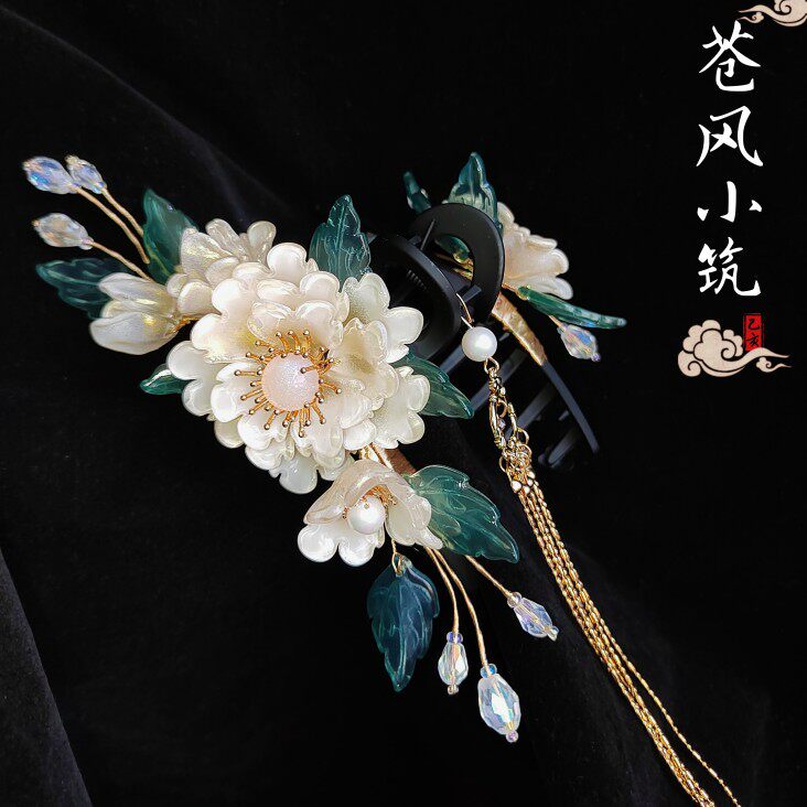 原创11cm金粉琉璃牡丹流苏抓夹多色大发梳 古风diy汉服 拍照 日常
