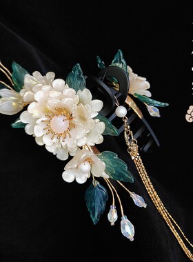 原创11cm金粉琉璃牡丹流苏抓夹多色大发梳 古风diy汉服 拍照 日常