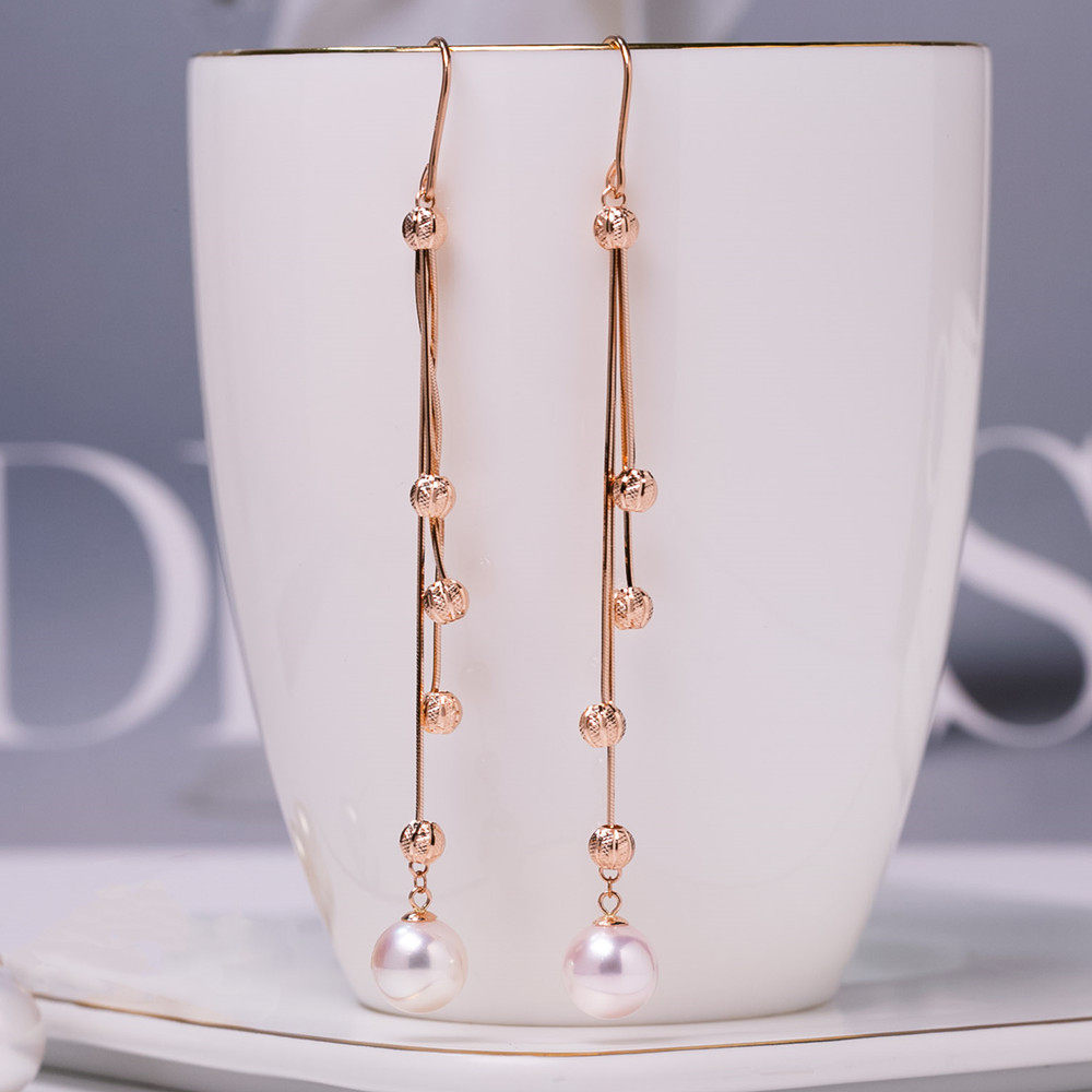 天然akoya海水珍珠耳环耳钩耳坠流苏款日本18k彩金玫瑰金长款气质